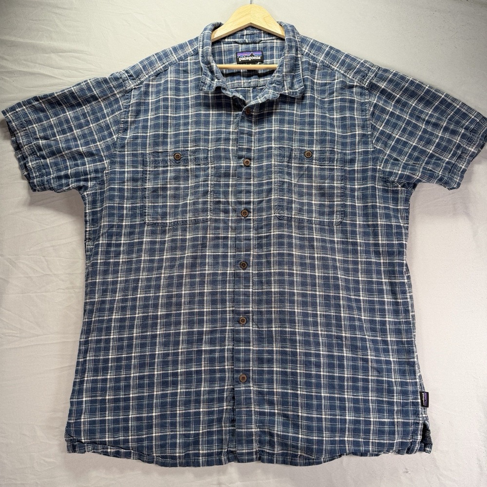 Patagonia Shirt Mens XL Blue Button Up Short Sleeve Hemp Blend Camp Hike Plaid